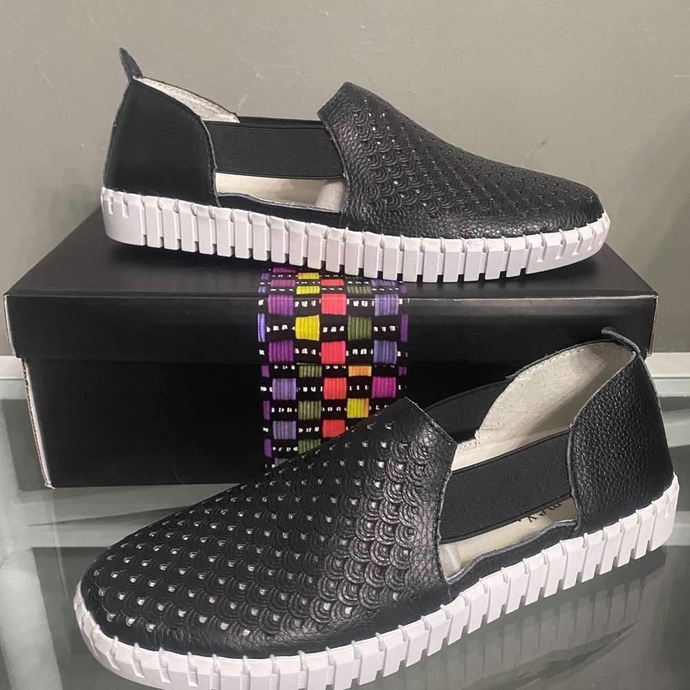 Bernie Mev Wayde Black Perforated Memory Foam Slip On Sneakers Size 38 US8